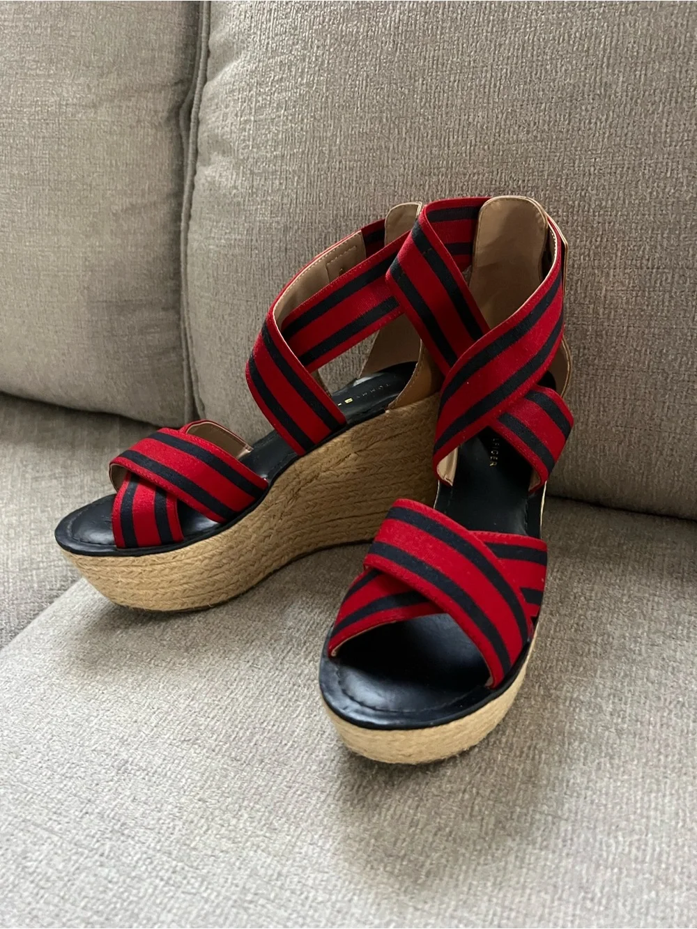 Tommy Hilfiger Red and Black Striped Espadrille Wedge Sandals
